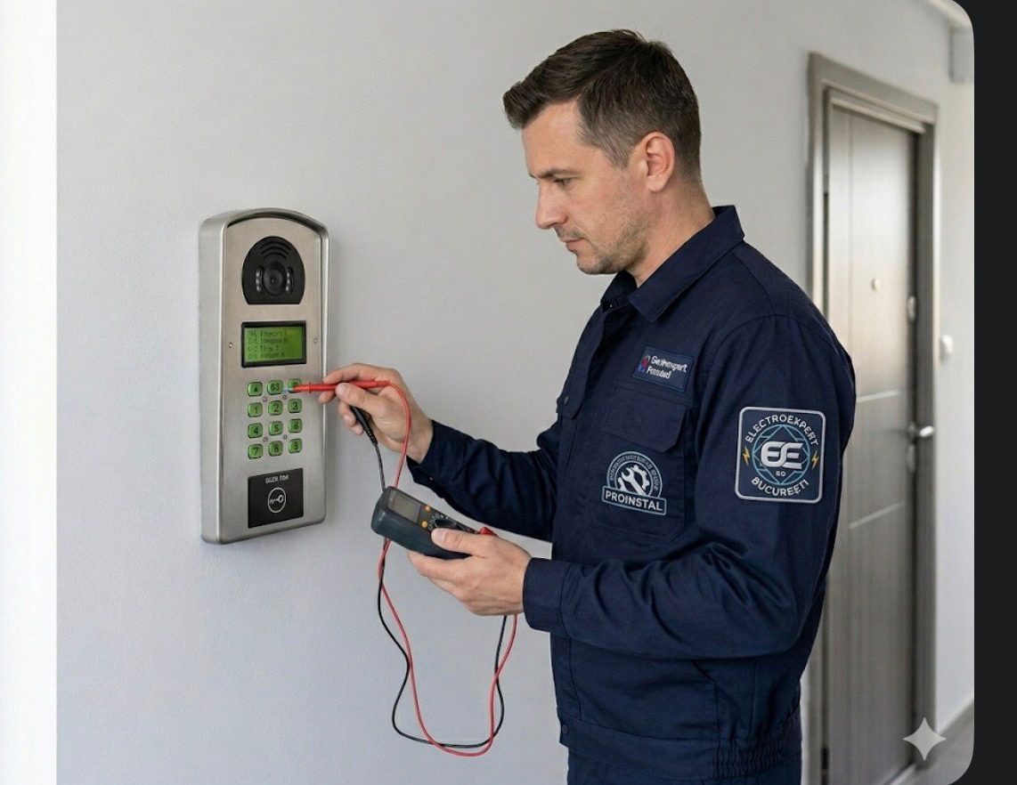Tehnician Electroexpert Proinstal verificând un sistem de interfon
